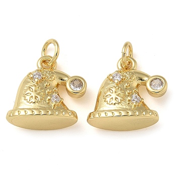 Rack Plating Brass Cubic Zirconia Pendants, Long-Lasting Plated, Lead Free & Cadmium Free, Christmas Hat Charms, with Jump Ring, Real 18K Gold Plated, 13.5x14.5x6mm, Hole: 3mm