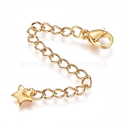 304 Stainless Steel Chain Extender, with Lobster Claw Clasps and Charms, Star, Golden, 65mm, Link: 4x3x0.4mm, Clasp: 9.2x6.2x3.3mm, Charm: 6x6x1mm.(X-STAS-G221-11G)