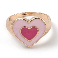 Alloy Enamel Finger Rings, Heart, Light Gold, Pink, US Size 7, Inner Diameter: 17.8mm(RJEW-H539-06C-LG)