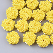 Glass Seed Beads Cabochons, Cluster Beads, with Golden Plated Iron Perforated Disc Settings, Flower, Yellow, 19~20x10~12mm(FIND-S321-05R)