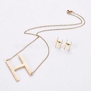 304 Stainless Steel jewelry Sets, Stud Earring and Pendant Necklaces, Alphabet, Golden, Letter.H, 18.7 inch~20.2 inch(47.5~51.3cm), 15x7~12mm, Pin: 0.8mm(SJEW-L141-001H)