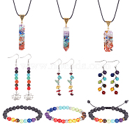 Natural & Synthetic Mixed Gemstone Chakra Yoga Jewelry Set, Rectangle Pendant Necklace & Stretch Adjustable Bracelets & Lotus Dangle Earrings for Women, 17.83 inch(45.3cm), 1-7/8~3-3/8 inch(4.8~8.5cm), 66~82.5mm, Pin: 0.5~0.7mm(SJEW-AN0001-40)