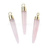 Natural Rose Quartz Brass Pendants, Cadmium Free & Lead Free, Bullet Shaped, Light Gold, 33~37x4~5mm, Hole: 2mm(G-B025-02LG-06)