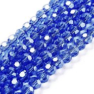 Electroplate Transparent Glass Beads Strands, Faceted(32 Facets), Round, Pearl Luster Plated, Royal Blue, 6mm, Hole: 1mm, about 98~100pcs/strand, 20.39~20.59 inch(51.8~52.3cm)(EGLA-A035-T6mm-A14)