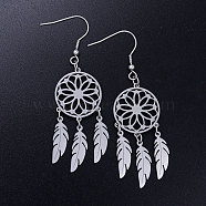 201 Stainless Steel Chandelier Earrings, Woven Net/Web with Feather, Stainless Steel Color, 70x20mm, Pin: 0.7mm(STAS-S105-JN358-1)