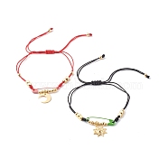 Adjustable Nylon Thread Braided Bead Bracelets Sets, with Brass Moon & Sun Pendants and Beads, with Iron Safety Pins, Mixed Color, Inner Diameter: 3/4~3-7/8 inch(2~9.85cm), 2pcs/set(BJEW-JB06436)