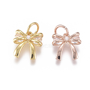 Brass Charms, with Micro Pave Cubic Zirconia and Jump Rings, Bowknot, Clear, Mixed Color, 10x10x3.5mm, Hole: 3.5mm(ZIRC-L070-97)