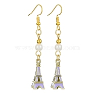 Alloy Enamel Eiffel Tower Dangle Earrings with Imitation Pearl Beaded, Golden Long Drop Earrings with Iron Earring Pins, Plum, 64x9mm(EJEW-JE05422-02)