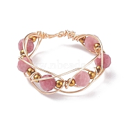 Round Natural Rhodochrosite Braided Bead Finger Ring with Glass, Copper Wire Wrap Jewelry for Women, Golden, US Size 8 1/2(18.5mm)(RJEW-JR00450-04)