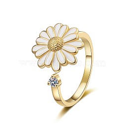 Daisy Enamel Rotatable Cuff Rings for Women, Brass Cubic Zirconia Fidget Spinner Rings for Calming Worry Meditation, Golden, Inner Diameter: 17mm(RJEW-M016-05G)