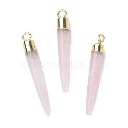 Natural Rose Quartz Brass Pointed Pendants, Cadmium Free & Lead Free, Bullet Shaped, Light Gold, 33~37x4~5mm, Hole: 2mm(G-B025-02LG-06)