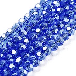 Electroplate Transparent Glass Beads Strands, Faceted, Round, Pearl Luster Plated, Royal Blue, 6mm, Hole: 1mm, about 98~100pcs/strand, 20.39~20.59 inch(51.8~52.3cm)(EGLA-A035-T6mm-A14)