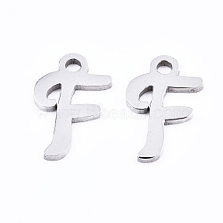201 Stainless Steel Charms, Laser Cut, Alphabet, Stainless Steel Color, Letter.F, 12x8x1mm, Hole: 1.4mm(STAS-T044-217P-F)