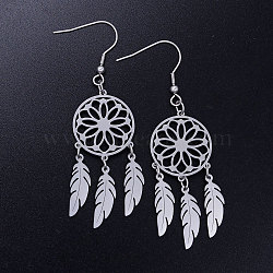 Tarnish Resistant 201 Stainless Steel Chandelier Earrings, Woven Net/Web with Feather, Stainless Steel Color, 70x20mm, Pin: 0.7mm(STAS-S105-JN358-1)