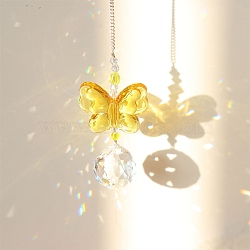 Glass Pendant Decorations,  for Home Bedroom Hanging Decorations, Butterfly, Yellow, 300x35mm(PW-WGE3AD3-08)