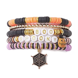 5Pcs Halloween Handmade Polymer Clay & Acrylic Beaded Stretch Bracelets Kit, with Alloy Enamel Spider Web Pumpkin Charm, Mixed Color, Inner Diameter: 2-1/8~2-3/8 inch(5.5~6cm)(BJEW-TA00480)