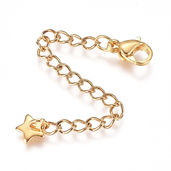 304 Stainless Steel Chain Extender, with Lobster Claw Clasps and Charms, Star, Golden, 65mm, Link: 4x3x0.4mm, Clasp: 9.2x6.2x3.3mm, Charm: 6x6x1mm.