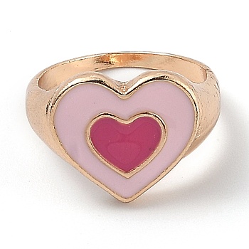 Alloy Enamel Finger Rings, Heart, Light Gold, Pink, US Size 7, Inner Diameter: 17.8mm