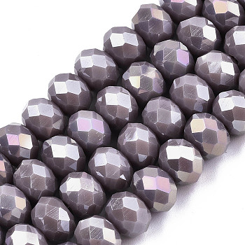 Electroplate Glass Beads Strands, Opaque Solid Color, AB Color Plated, Faceted, Rondelle, Medium Purple, 3.5~3.8x3mm, Hole: 0.4mm, about 113~115pcs/strand, 32.5~33cm