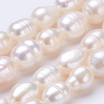 Natural Cultured Freshwater Pearl Beads Strands, Rice, Seashell Color, 9~11x8~9mm, Hole: 0.5mm, about 35~36pcs/strand, 14 inch