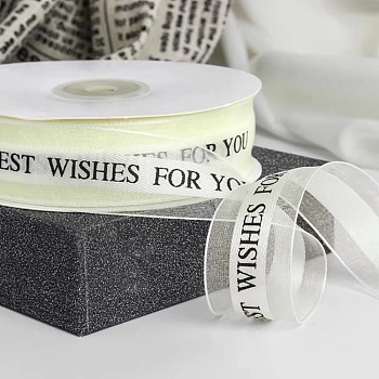 Printed Polyester Satin Ribbon, Word Best Wishes For You, Floral White, 1 inch(24mm), about 44.84 Yards(41m)/Roll