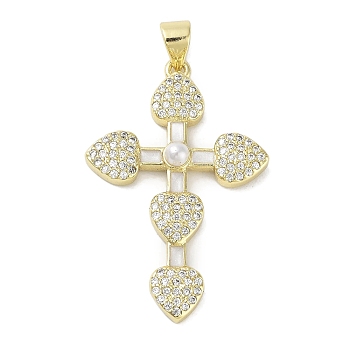 Rack Plating Brass Micro Pave Clear Cubic Zirconia Enamel Pearl
 Pendants, Lead Free & Cadmium Free, Long-Lasting Plated, Cross, 32.5x21.5x4mm, Hole: 4.5x3mm
