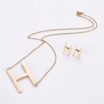 304 Stainless Steel jewelry Sets, Stud Earring and Pendant Necklaces, Alphabet, Golden, Letter.H, 18.7 inch~20.2 inch(47.5~51.3cm), 15x7~12mm, Pin: 0.8mm