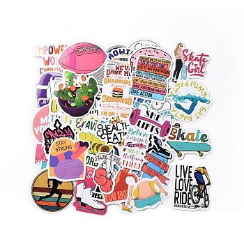50Pcs Inspirational Health Theme Cartoon English Word Paper Sticker Label Set, Adhesive Label Stickers, for Suitcase & Skateboard & Refigerator Decor, Mixed Color, 28~67x28~62x0.2mm
