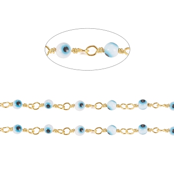 3.28 Feet Handmade Evil Eye Lampwork Round Beaded Chains, with Brass Findings, Unwelded, Long-Lasting Plated, Golden, Light Blue, 12.5x2.8x4x1.5mm, Beads: 4mm