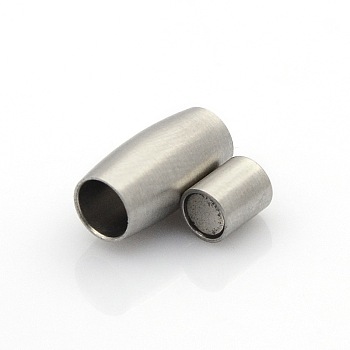 304 Stainless Steel Matte Surface Magnetic Clasps with Glue-in Ends, Barrel, Stainless Steel Color, 14x7mm, Hole: 4mm