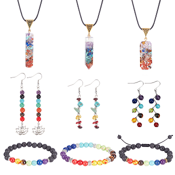 Natural & Synthetic Mixed Gemstone Chakra Yoga Jewelry Set, Rectangle Pendant Necklace & Stretch Adjustable Bracelets & Lotus Dangle Earrings for Women, 17.83 inch(45.3cm), 1-7/8~3-3/8 inch(4.8~8.5cm), 66~82.5mm, Pin: 0.5~0.7mm