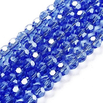 Electroplate Transparent Glass Beads Strands, Faceted(32 Facets), Round, Pearl Luster Plated, Royal Blue, 6mm, Hole: 1mm, about 98~100pcs/strand, 20.39~20.59 inch(51.8~52.3cm)