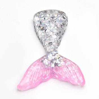 Resin Cabochons, with Glitter Powder, Mermaid Tail Shaped, Pink, 41~45x33x7mm
