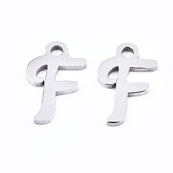 201 Stainless Steel Charms, Laser Cut, Alphabet, Stainless Steel Color, Letter.F, 12x8x1mm, Hole: 1.4mm