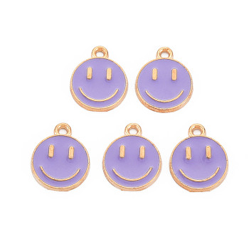 Alloy Enamel Charms, Cadmium Free & Lead Free, Smiling Face, Light Gold, Lilac, 14.5x12x1.5mm, Hole: 1.5mm