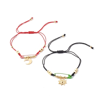 Adjustable Nylon Thread Braided Bead Bracelets Sets, with Brass Moon & Sun Pendants and Beads, with Iron Safety Pins, Mixed Color, Inner Diameter: 3/4~3-7/8 inch(2~9.85cm), 2pcs/set
