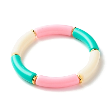 Candy Color Chunky Tube Beads Stretch Bracelet, Acrylic Beads Bracelet for Women, Golden, Pink, Inner Diameter: 2-1/8 inch(5.5cm)