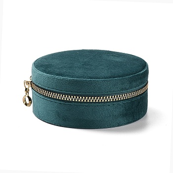 Round Velvet Jewelry Storage Zipper Boxes, Portable Travel Jewelry Case for Rings Earrings Bracelets Storage, Teal, 10.5x4.5cm