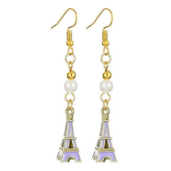 Alloy Enamel Eiffel Tower Dangle Earrings with Imitation Pearl Beaded, Golden Long Drop Earrings with Iron Earring Pins, Plum, 64x9mm