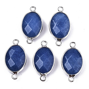 Natural White Jade Links/Connectors, Platinum Tone Brass Edge, Faceted Oval, Royal Blue, 27.5x14~15x6mm, Hole: 2mm
