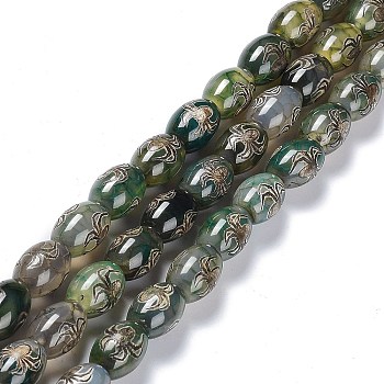 Tibetan Style dZi Beads Strands, Natural Agate Beads, Dyed & Heated, Oval, Spider Pattern, 13~14x9.5~10mm, Hole: 1.2mm, about 25pcs/strand, 13.39''(34cm)