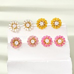 Brass Enamel Stud Earrings, Flower, with ABS Plastic Beads, Lead Free & Cadmium Free, Rack Plating, Long-Lasting Plated, Real 18K Gold Plated, Mixed Color, 13.5~14mm(KK-CBA8324-27G)