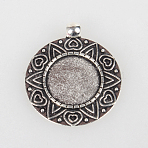 Vintage Tibetan Style Alloy Carved Heart Pendant Cabochon Bezel Settings, Cadmium Free & Lead Free, Antique Silver, Flat Round Tray: 18mm, 37x32x2mm, Hole: 4mm(X-TIBEP-O006-57AS)