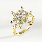 Snowflake 925 Sterling Silver Micro Pave Clear Cubic Zirconia Cuff Spinner Rings, Golden, Inner Diameter: 15~19mm(WG86A07-02)