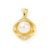 Eco-friendly Rack Plating Brass Micro Pave Cubic Zirconia Pendants, with ABS Platic Imitation Pearls, Cadmium Free & Lead Free, Long-Lasting Plated, Rhombus Eye Charm, Real 18K Gold Plated, 20.5x18x11mm, Hole: 2.5x4.5mm(KK-F843-18G)