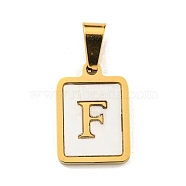 PVD Vacuum Plating 304 Stainless Steel Pave Natural White Shell Pendants, Rectangle with Letter Charms, Golden, Letter F, 17.5x12x1.5mm, Hole: 6x3mm(STAS-S130-03G-F)