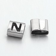 Tarnish Resistant Letter Style 201 Stainless Steel Square Slide Charms, Letter.N, 9x8x4mm, Hole: 8x3mm(STAS-L132-19)