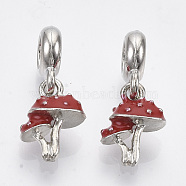 Alloy European Dangle Charms, with Enamel, Large Hole Pendants, Mushroom, Red, Platinum, 25mm, Hole: 5mm, Mushroom: 14.5x10.5x6.5mm(X-MPDL-T004-17P)