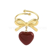 Bowknot 304 Stainless Steel Open Cuff Ring, Enamel Heart Charm Ring for Women, Dark Red, Adjustable(RJEW-Z037-02G-01)