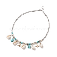 Synthetic Turquoise Starfish & Natural Shell Pendant Necklace, 304 Stainless Steel Jewelry for Women, Stainless Steel, 17.87 inch(45.4cm)(NJEW-TA00063)